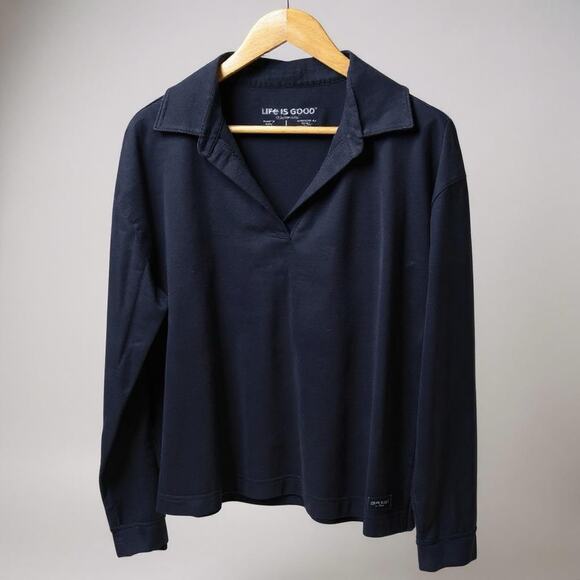 Life is Good Top Womens L Navy Crusher-Flex Collared Cotton Stretch Long Sleeve - Picture 1 of 10